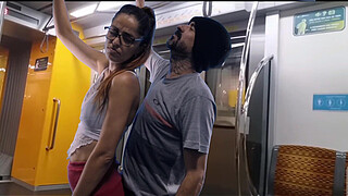 Young chick being <censored> and fucked on public transport (train)