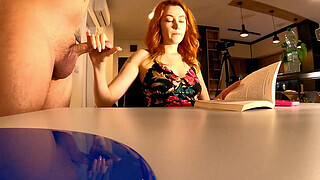 Big dick balls massage with edging handjob is what the new redhead horny and hot tight pussy secretary in tight dress likes