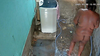 <censored> records stepmother taking a bath and showing it in the backyard