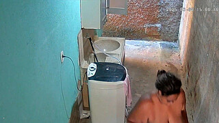 <censored> records stepmother taking a bath and showing it in the backyard