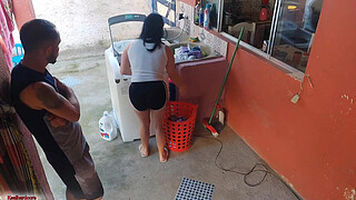 The boss left and the maid couldn't resist my erect penis