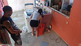 The boss left and the maid couldn't resist my erect penis