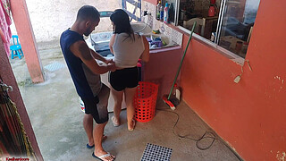 The boss left and the maid couldn't resist my erect penis