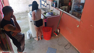 The boss left and the maid couldn't resist my erect penis