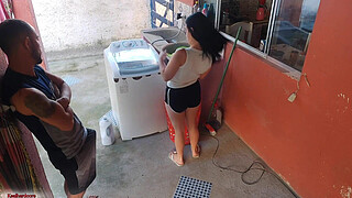 The boss left and the maid couldn't resist my erect penis