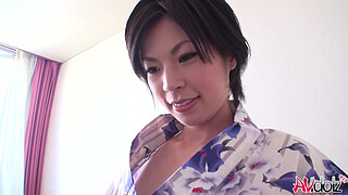 Japanese lady with big titties in kimono Saki Aoyama sucks dick outdoors uncensored.