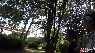 Japanese lady with big titties in kimono Saki Aoyama sucks dick outdoors uncensored.