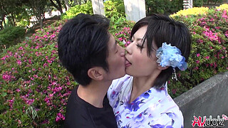 Japanese lady with big titties in kimono Saki Aoyama sucks dick outdoors uncensored.