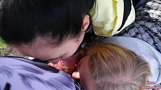 Outdoor double blowjob in a car trunk