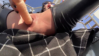 PUBLIC SQUIRT - brunette GIRL rides dildo in ferris wheel ^ LaraJuicy