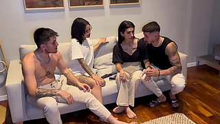 Dp 4some with couples swapping tattooed babes and big cocks