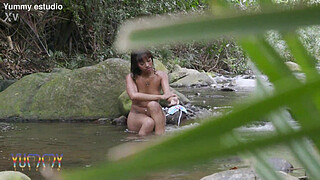 Brittany Taylor caught by three guys bathing in the river so she invites them to fuck her and she does double penetration and facial cumshot