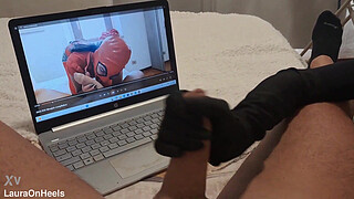 Preview Milf handjob jerks off a big dick until he cums on her gloves POV