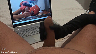 Preview Milf handjob jerks off a big dick until he cums on her gloves POV