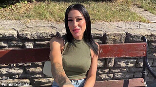 Brunette tourist with an angel face sucks my dick in the park