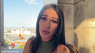 Brunette tourist with an angel face sucks my dick in the park