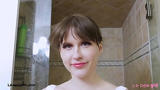 Fresh- faced blonde took a shower