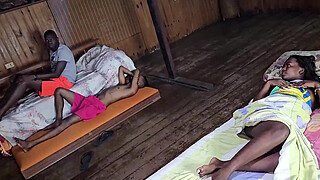 Fucked his young step cousin's booty and pussy with her father in the bed next to her