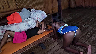 Fucked his young step cousin's booty and pussy with her father in the bed next to her