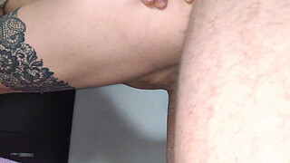 I fuck a skinny slut in short denim shorts doggy style and cum on her stomach